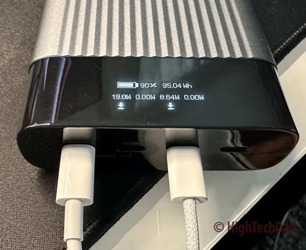 OLED display showing 2 items charging - Hyperjuice 245W USB-C battery pack - HighTechDad review