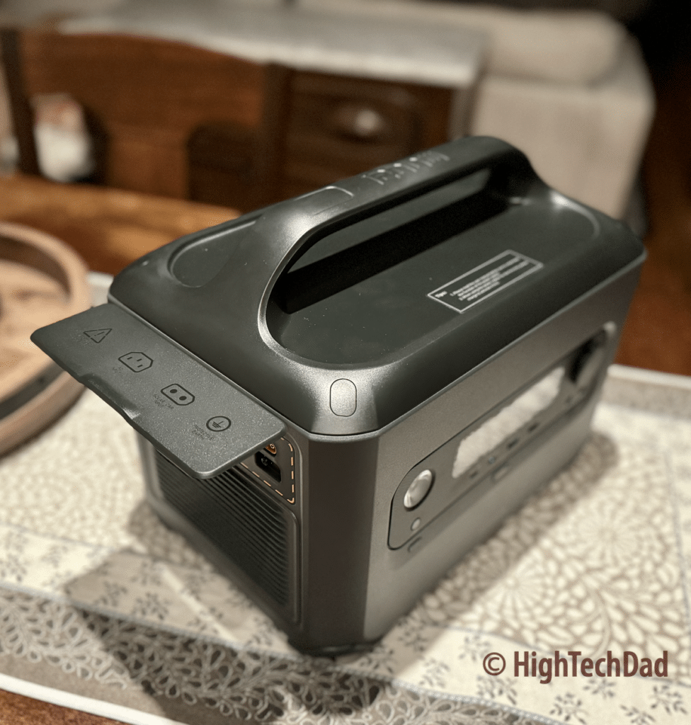 Top side view with charging port panel open - UGREEN PowerRoam Power Station - HighTechDad review