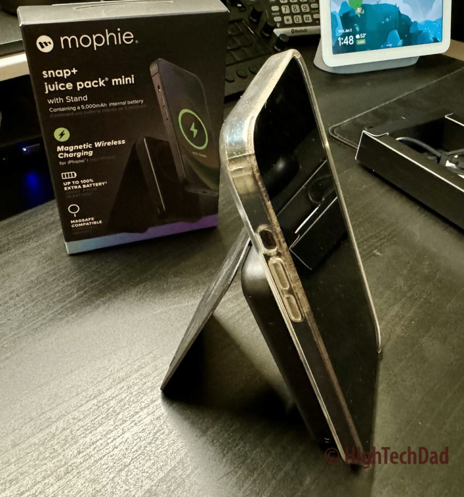 iPhone on the charger - Mophie snap+ juice pack mini with stand - HighTechDad review