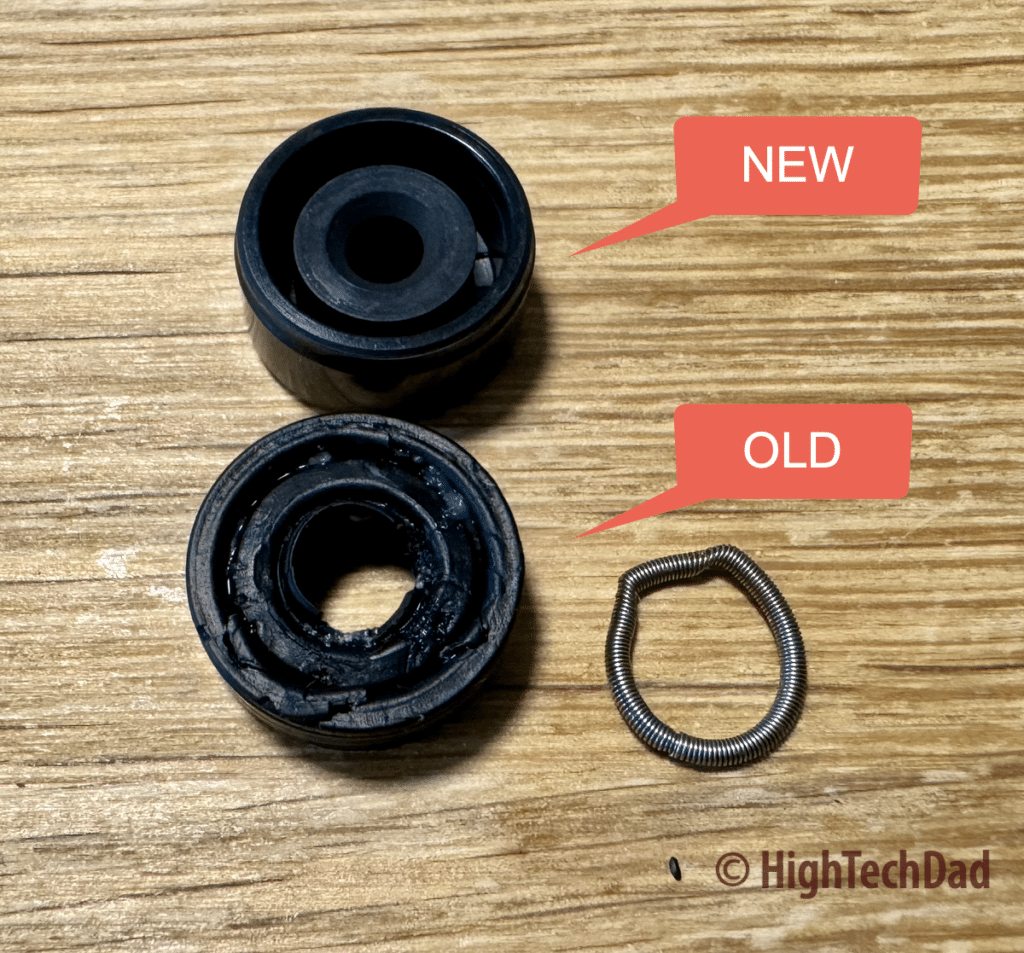 Old and new grommet - how to fix a leaking KitchenAid Dishwasher - HighTechDad fix it
