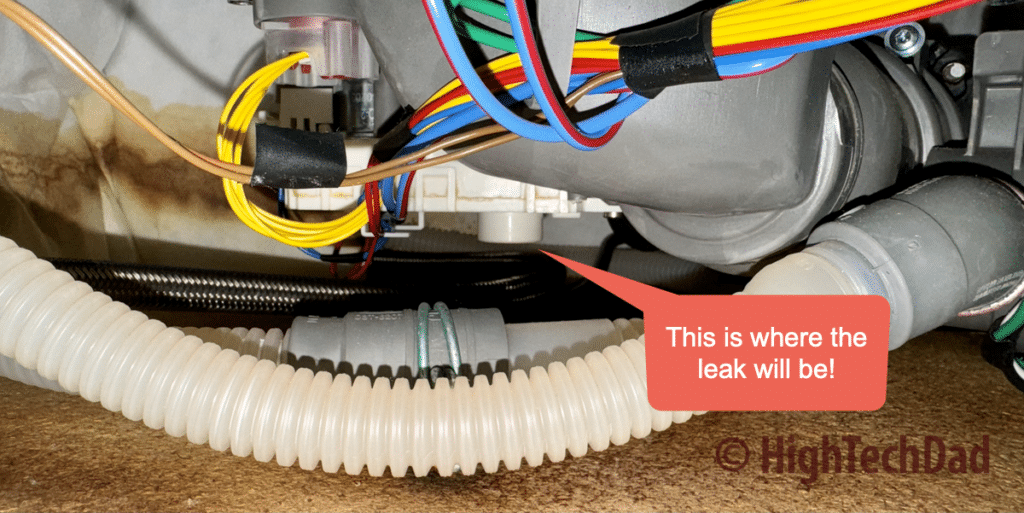 Where the leak appears - How to fix a leaking KitchenAid Dishwasher - HighTechDad Fix It