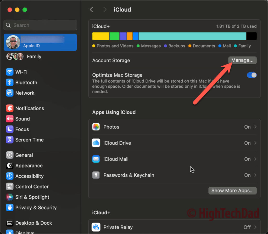 Click on Manage - check iCloud Family Storage settings - HighTechDad How-To