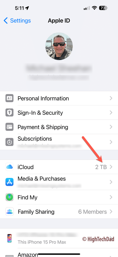 Click on iCloud - check iCloud Family Storage settings - HighTechDad How-To