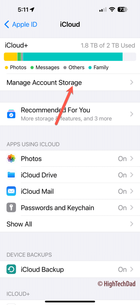 Click Manage Account Storage - check iCloud Family Storage settings - HighTechDad How-To