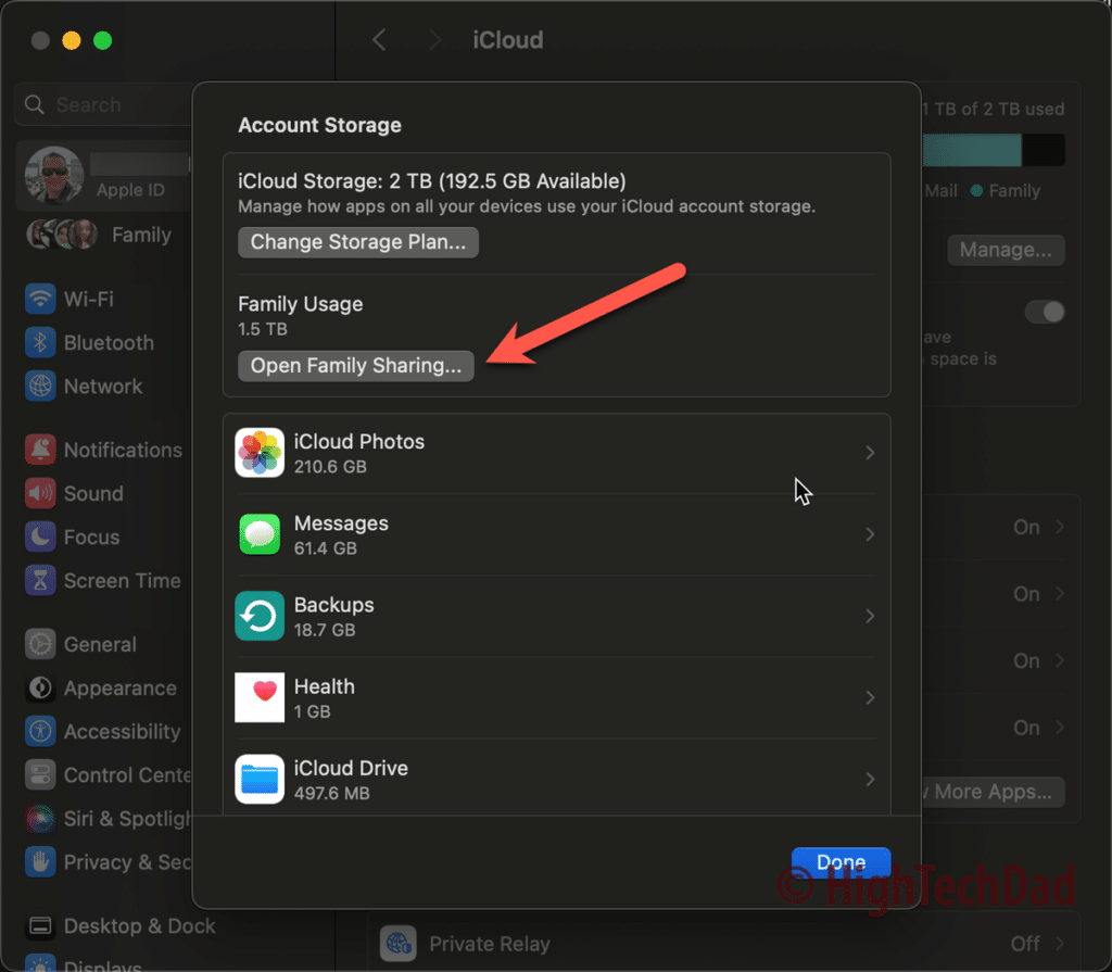 Click on Open Family Sharing - check iCloud Family Storage settings - HighTechDad How-To