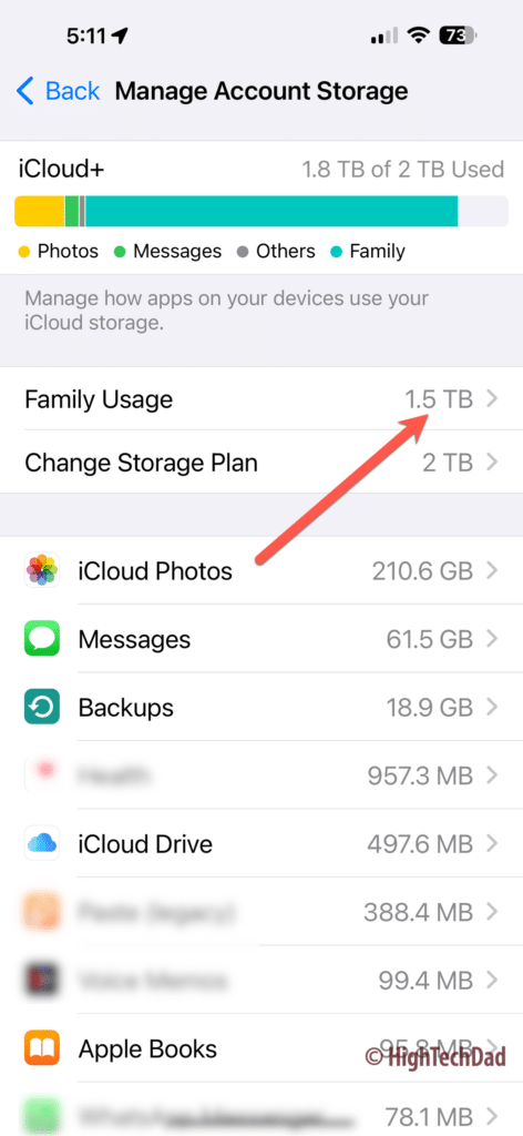 Click on Family Usage - check iCloud Family Storage settings - HighTechDad How-To