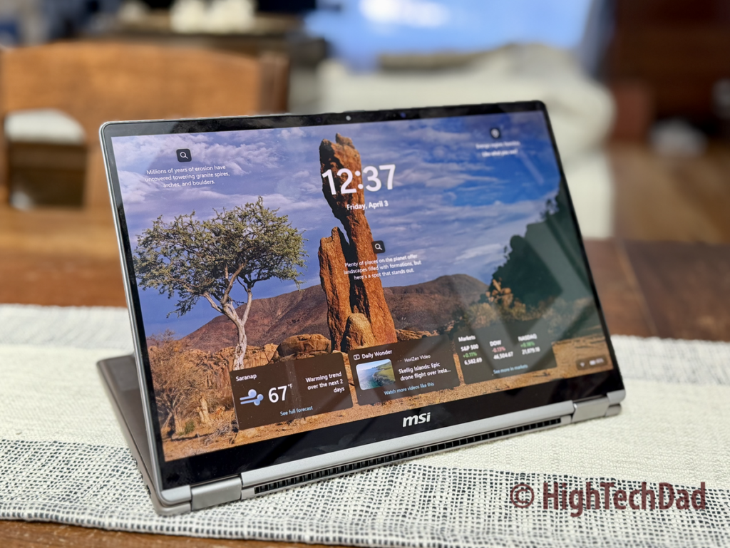 Stand mode - MSI Prestige 14 Flip AI+ - HighTechDad Sponsored Review