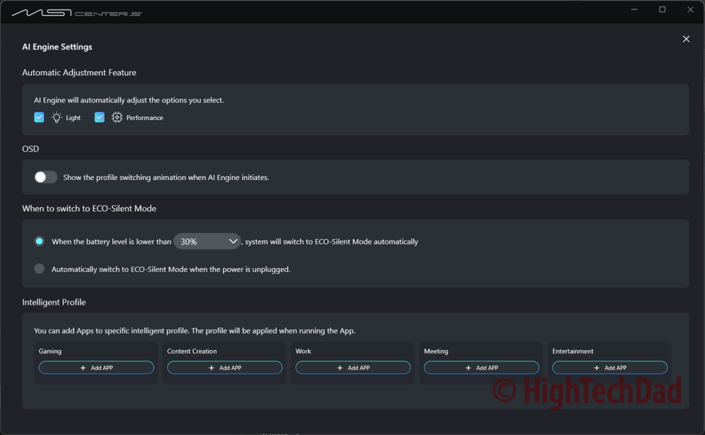 AI Engine settings - MSI Prestige 14 Flip AI+ - HighTechDad Sponsored Review