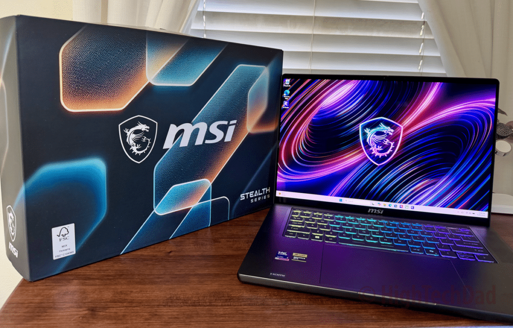 Box and laptop - MSI Stealth 16 AI+ laptop - HighTechDad Review