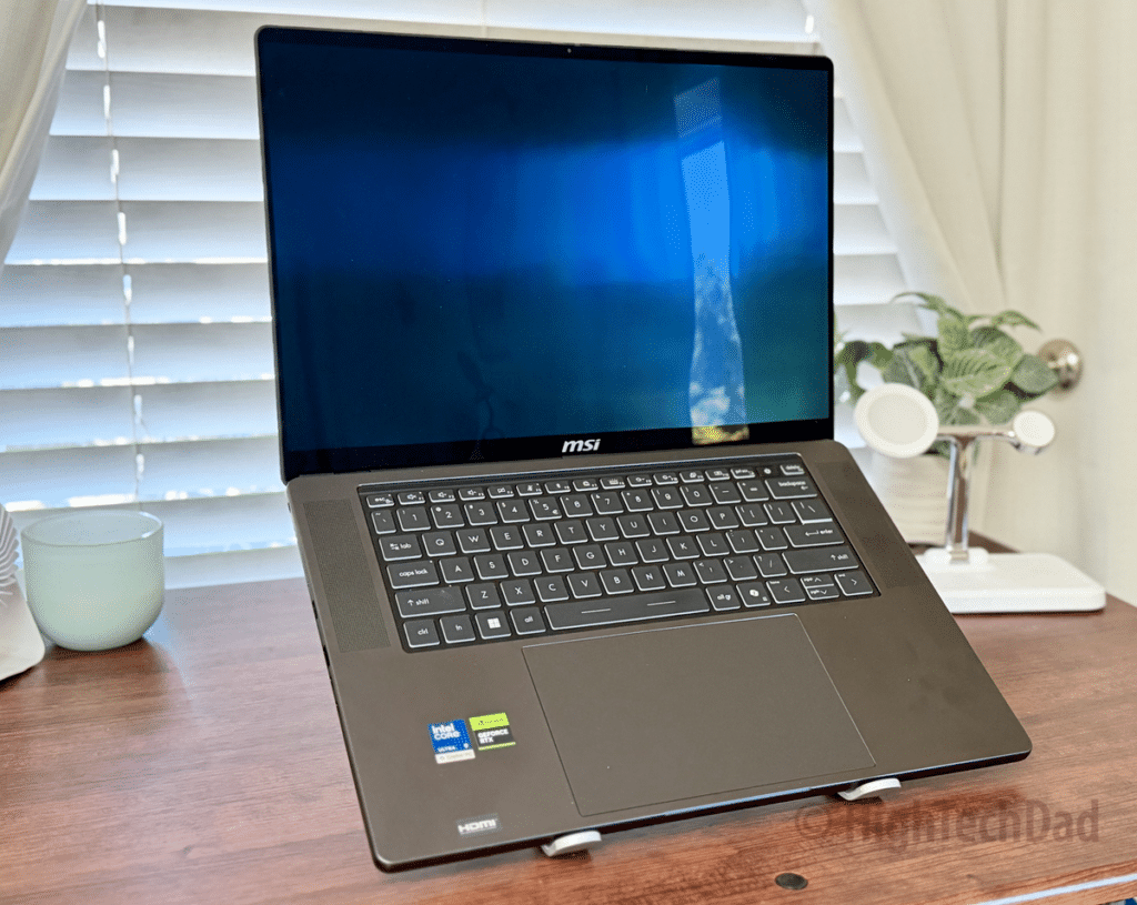 Laptop on stand - MSI Stealth 16 AI+ laptop - HighTechDad Review
