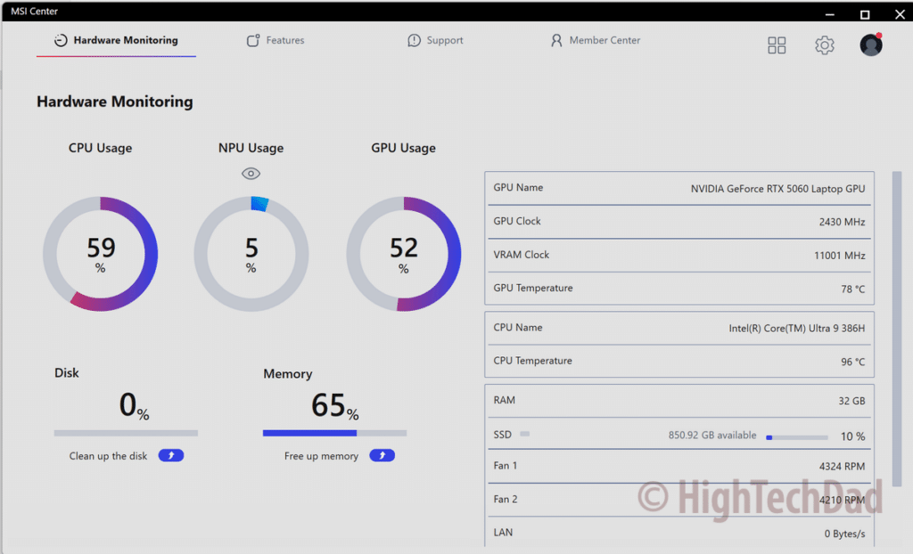 GPU, CPU, NPU activity in local LLM mode - MSI Stealth 16 AI+ laptop - HighTechDad Review