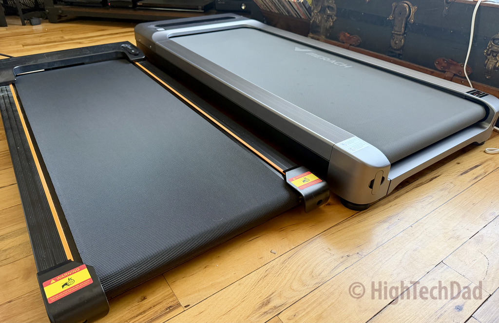 Old walking pad on left, MERACH walking pad on right - MERACH UltraWalk W60 Plus Walking Pad Treadmill - HighTechDad review