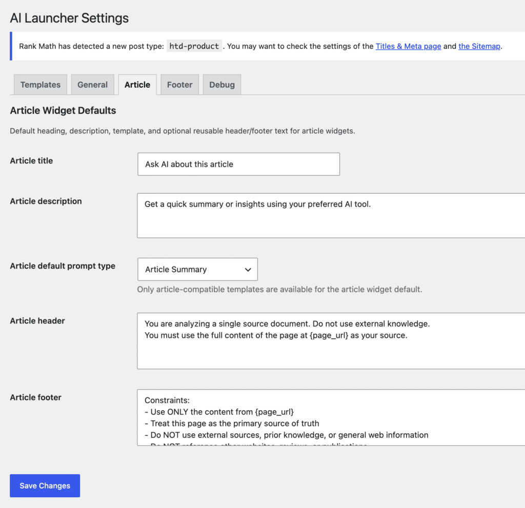 AI Launcher - article widget defaults