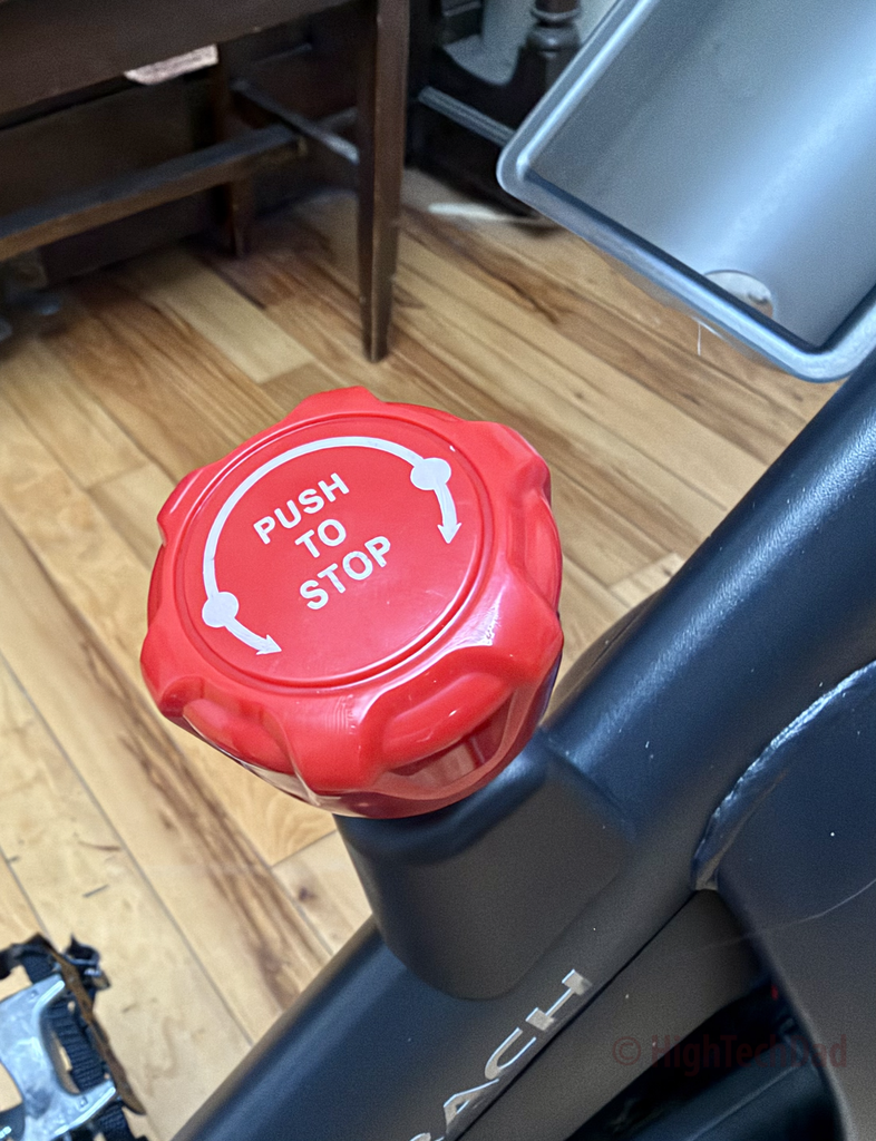 Push-to-stop button - Merach S29 Eco Exercise Bike - HighTechDad review