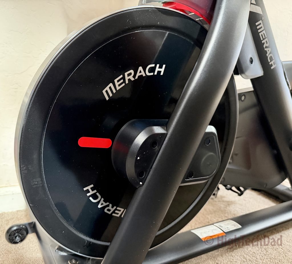 Flywheel closeup - Merach S29 Eco Exercise Bike - HighTechDad review