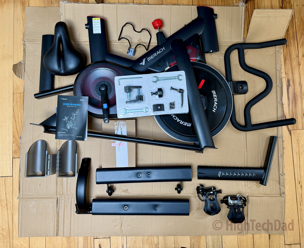 Parts on cardboard - Merach S29 Eco Exercise Bike - HighTechDad review