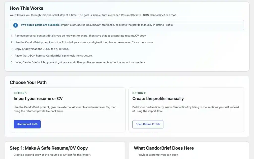 Introducing CandorBrief for WordPress: Clear, Privacy-Aware Professional Profiles for Better Hiring Conversations 3 Choose your path - CandorBrief - A HighTechDad product