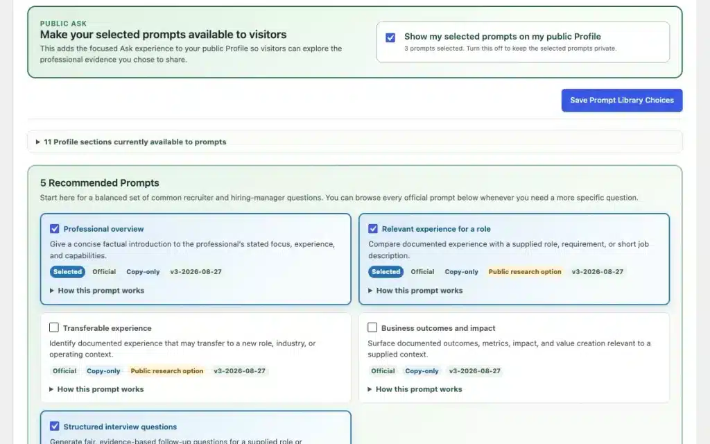 Introducing CandorBrief for WordPress: Clear, Privacy-Aware Professional Profiles for Better Hiring Conversations 5 How do the prompts work (Select Prompts) - CandorBrief - a HighTechDad product