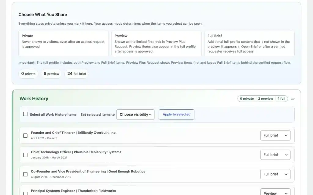 Introducing CandorBrief for WordPress: Clear, Privacy-Aware Professional Profiles for Better Hiring Conversations 4 Choose what you share (Visibility) - CandorBrief - a HighTechDad product