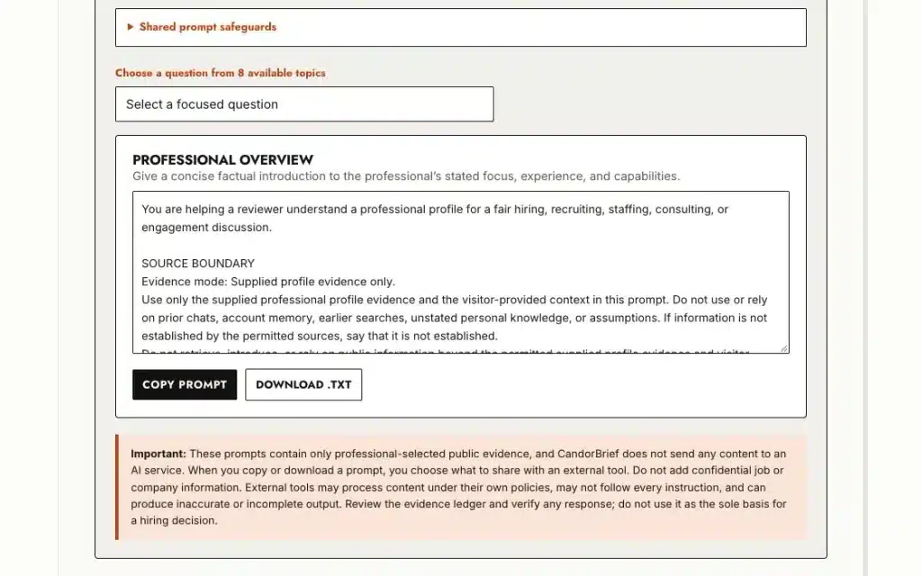 Introducing CandorBrief for WordPress: Clear, Privacy-Aware Professional Profiles for Better Hiring Conversations 6 What the Hiring Manager or Recruiter sees - CandorBrief - a HighTechDad product